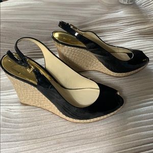 Michael Kors Black Platform Patent Wedges w/ woven heel